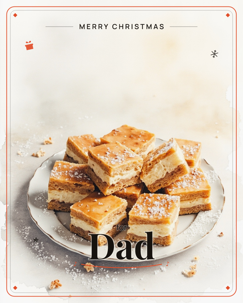A white plate piled with square layered pastry slices, each showing golden biscuit layers sandwiching a pale cream filling, dusted with icing sugar and…, a christmas e-card design