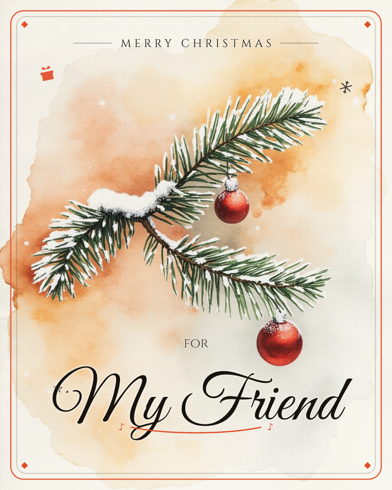 A snow-dusted pine branch stretches across the page with two glossy red baubles hanging from its needles, set against a soft watercolour wash of amber…, a christmas e-card design