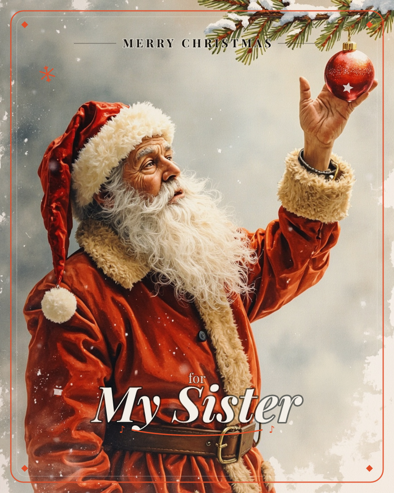 Santa Claus, in his classic red fur-trimmed suit and hat, reaches up to hang a glossy red bauble on a snow-dusted pine branch, a christmas e-card design