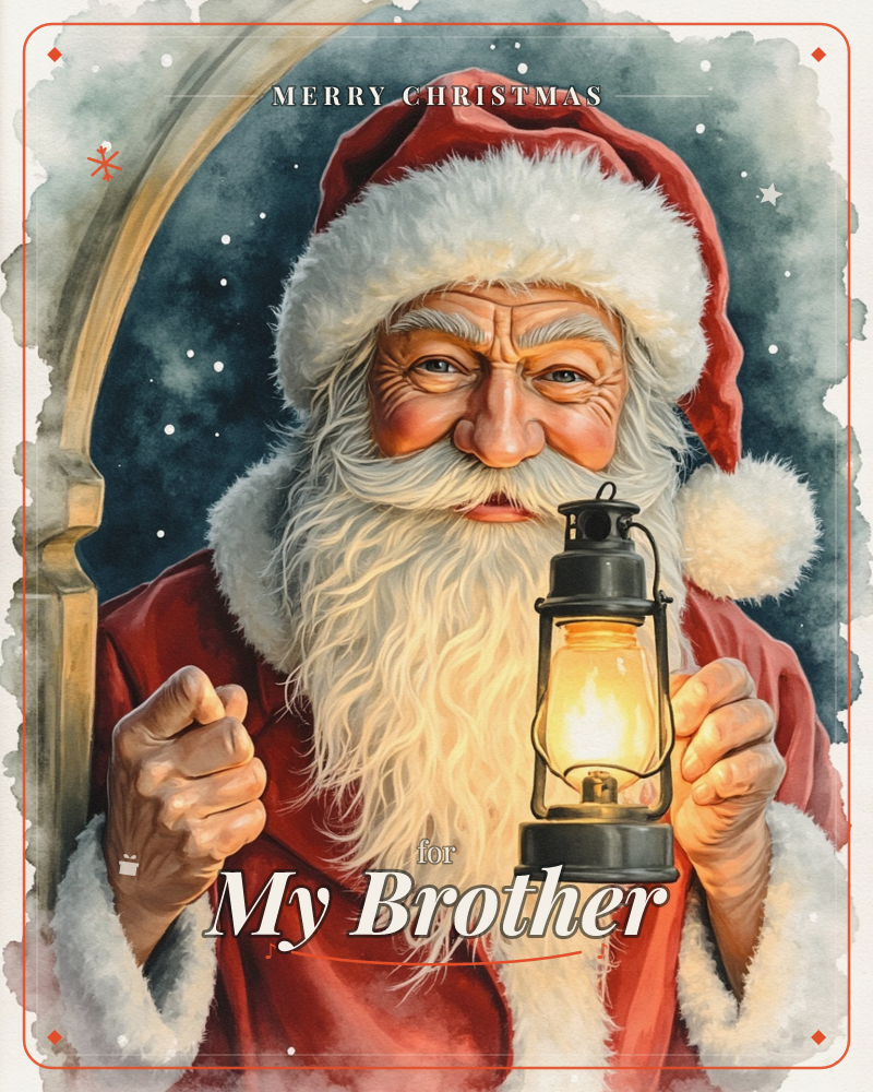 A close-up watercolour portrait of Santa Claus, his weathered face lit warmly by a glowing lantern held in both hands, a christmas e-card design