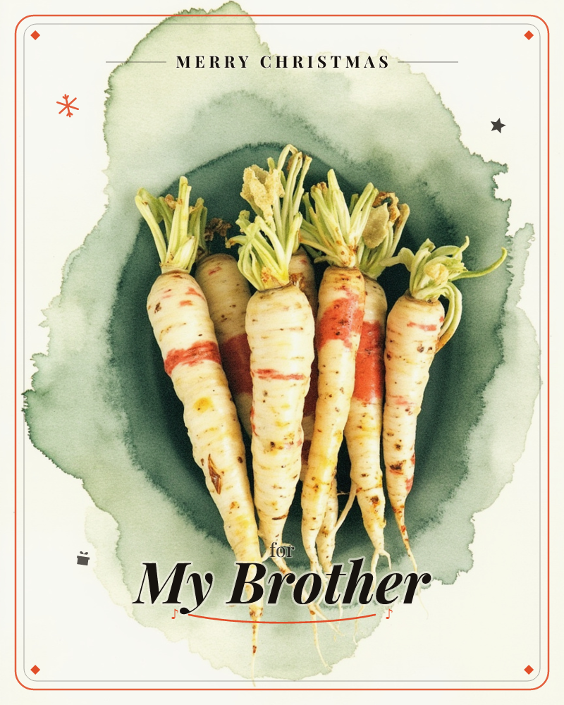 A bundle of freshly pulled heirloom carrots lies against a soft, bleeding wash of sage and slate green that pools outward like water on paper, a christmas e-card design