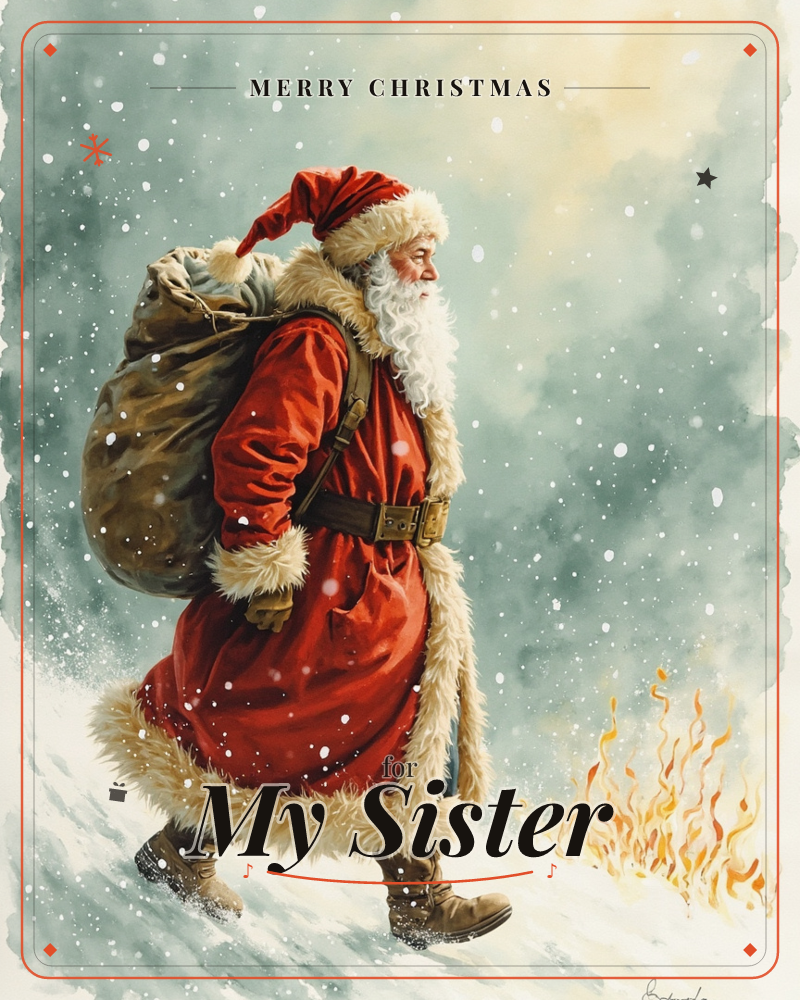 Santa strides through falling snow in a fur-trimmed red coat, a heavy sack slung over one shoulder, while a small fire flickers at his heels against a…, a christmas e-card design