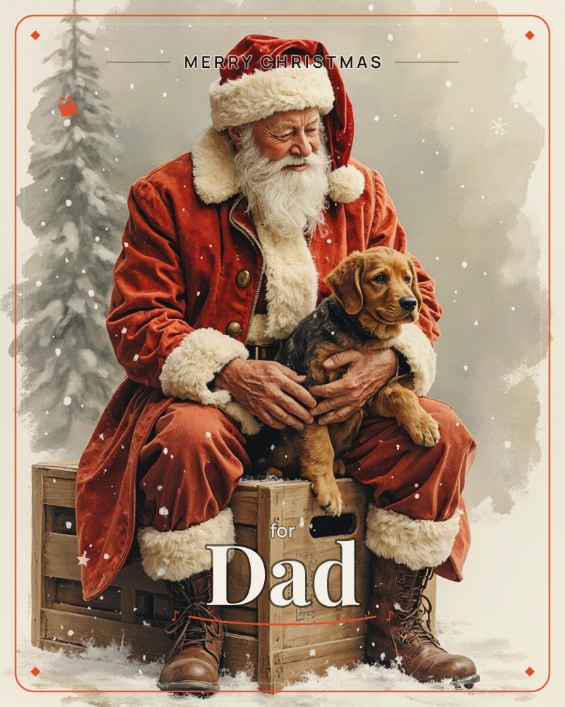 Santa sits on a wooden crate in the falling snow, gently cradling a puppy in his lap with both hands, a christmas e-card design