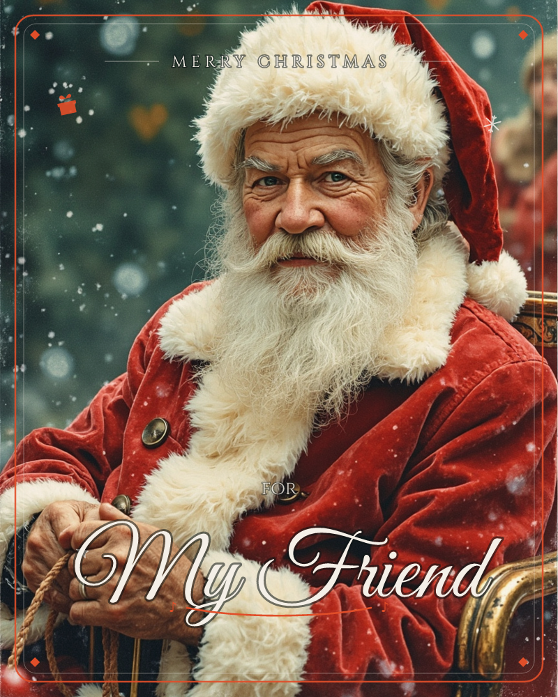 A close portrait of a man dressed as Santa Claus, with a thick white beard and fur-trimmed red hat, sitting in an ornate chair and holding reins in his…, a christmas e-card design
