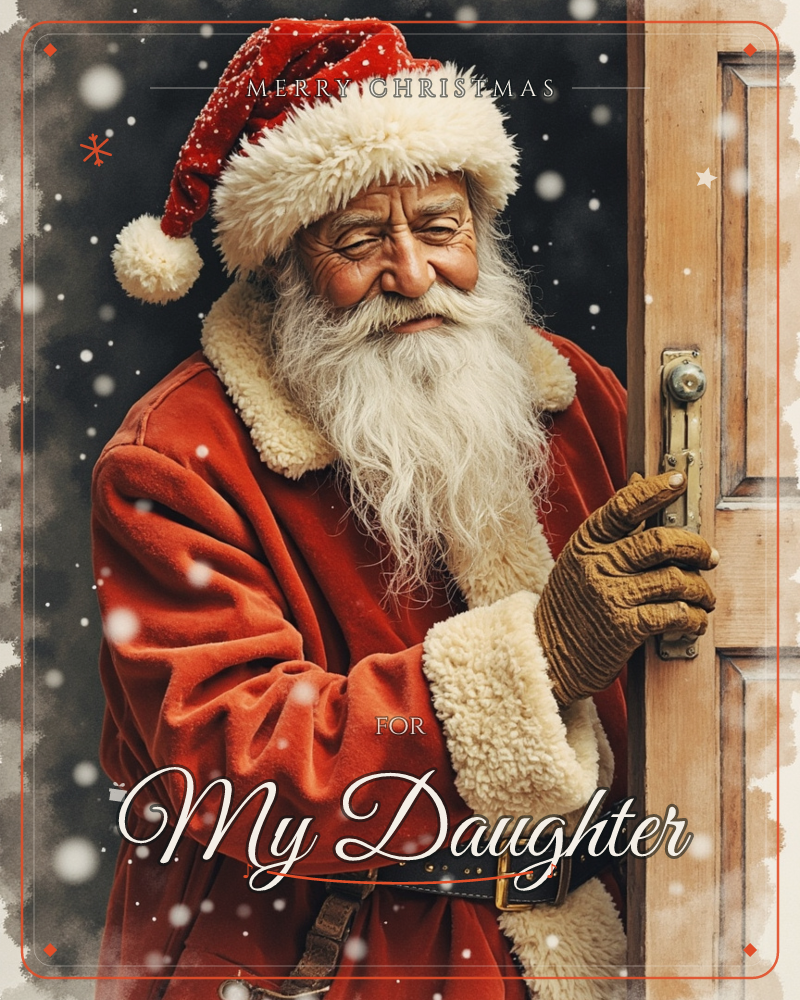 Santa Claus, in a red velvet coat trimmed with cream fur, leans in to open a wooden door with a brass handle, snow drifting through the dark night…, a christmas e-card design