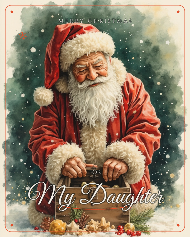 Santa Claus kneels in the snow, opening an old wooden chest filled with baubles and trinkets, his fur-trimmed red coat glowing against a deep green…, a christmas e-card design