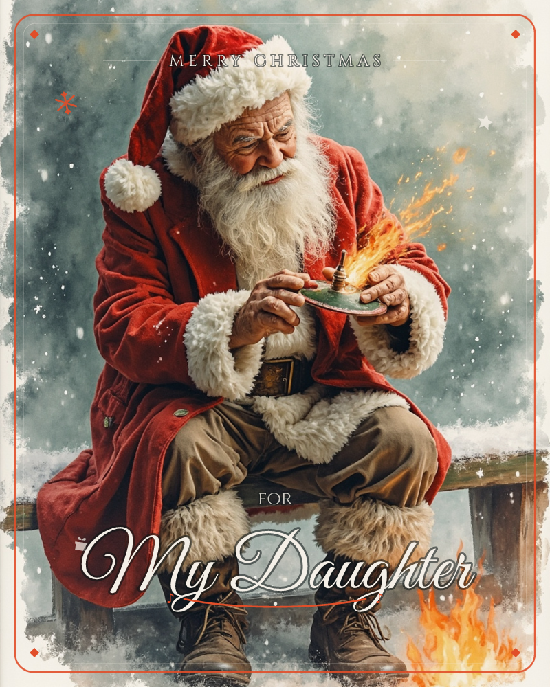 Santa sits alone on a wooden bench in falling snow, cupping a small candle whose flame flares up between his weathered hands, a christmas e-card design