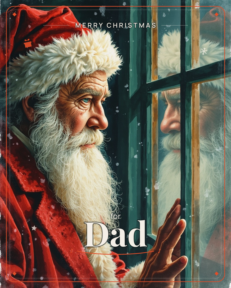 A close-up painting shows a white-bearded man in a red fur-trimmed hat and coat gazing out through a paned window, his own reflection visible in the…, a christmas e-card design