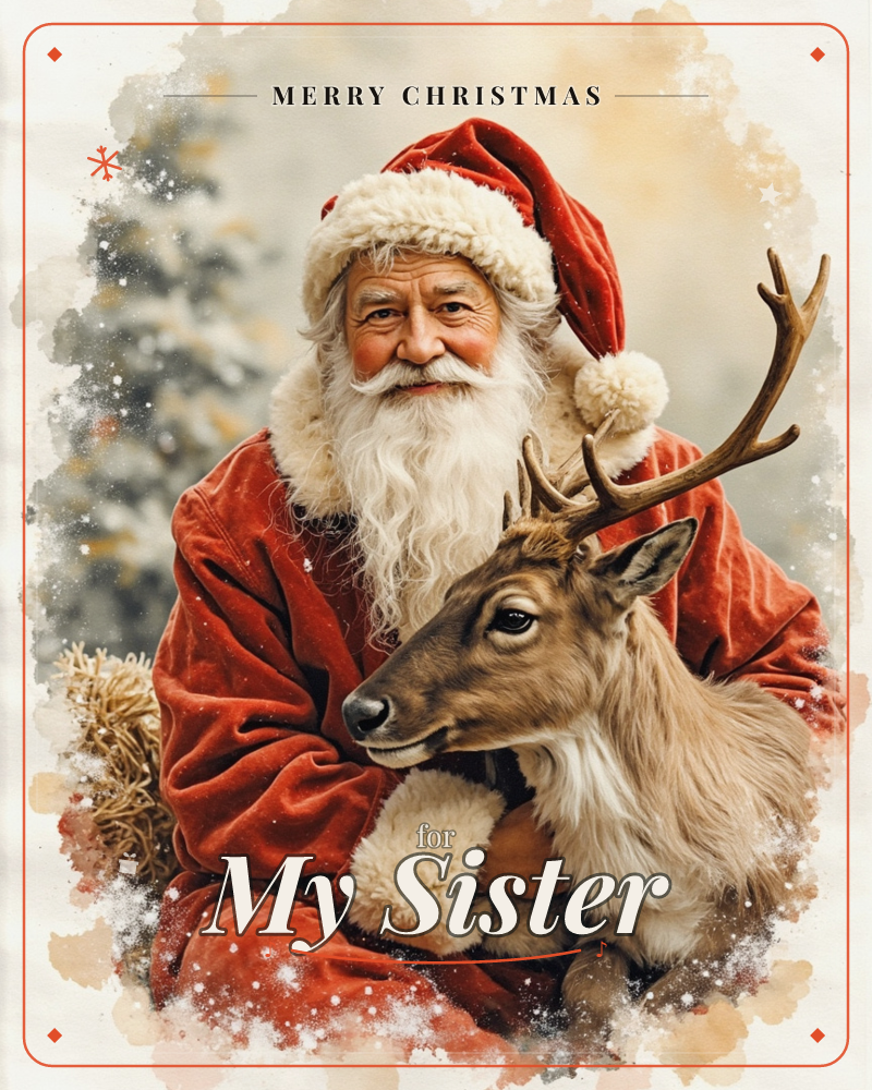 A white-bearded man in a red velvet coat and fur-trimmed cap kneels close beside a reindeer, one arm wrapped affectionately around its neck as snow…, a christmas e-card design