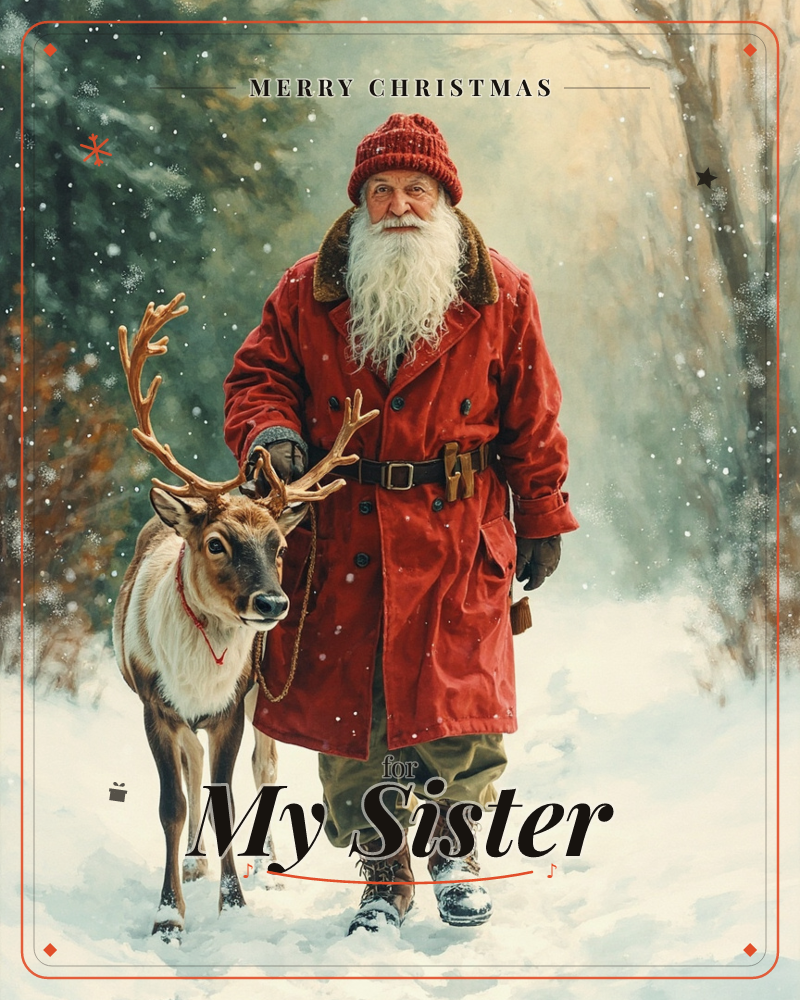 A white-bearded man in a red wool coat and knit cap walks along a snowy forest path, leading a reindeer by a rope halter, a christmas e-card design