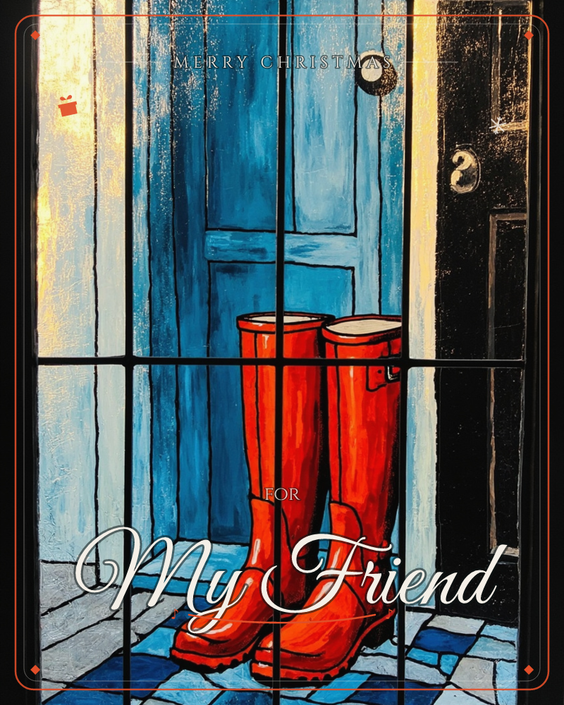 A pair of glossy red rain boots stands on a blue-and-white tiled floor beside an open blue door with a black door frame, painted with bold black…, a christmas e-card design