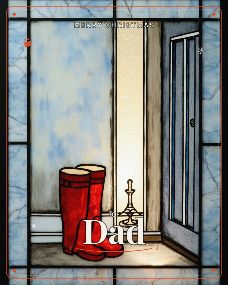 A stained-glass style illustration shows a pair of bright red rain boots standing by an open front door, with warm golden light spilling in from outside, a christmas e-card design