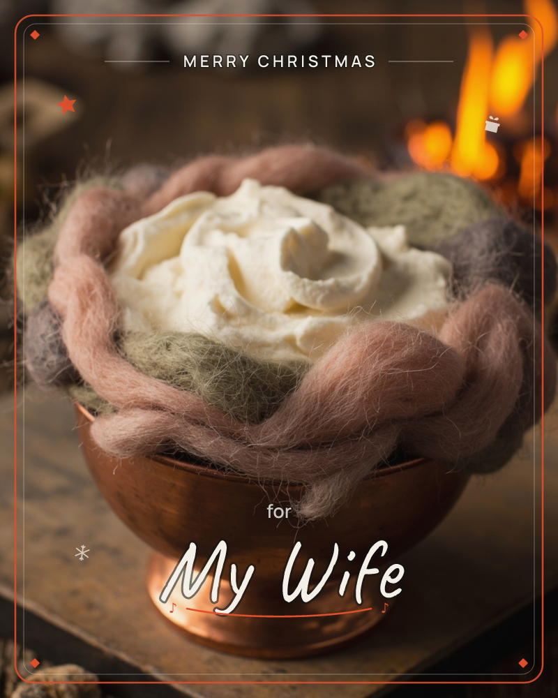 A copper bowl brims with soft twists of pink and sage-green wool, cradling a swirl of whipped cream at the centre, all set on a rustic wooden table…, a christmas e-card design