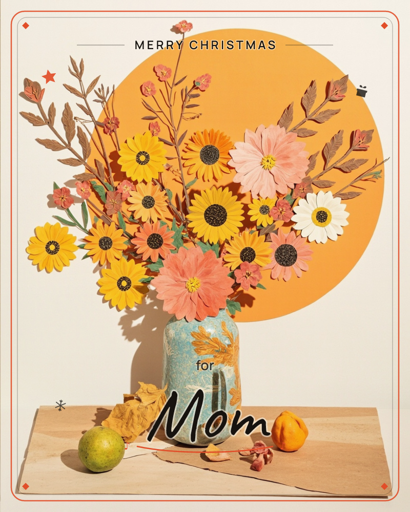 A paper-craft bouquet of daisies, sunflowers and dried leaves bursts from a hand-painted ceramic vase, set against a bold orange sun-like circle, a christmas e-card design