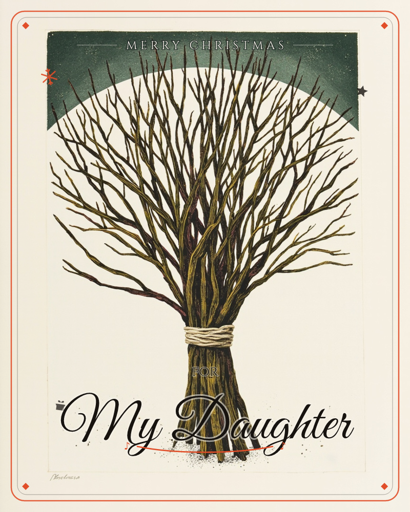 A bundle of bare twigs and branches is tied together with pale twine, fanning out like a fireworks burst against a dark green night sky curving over a…, a christmas e-card design