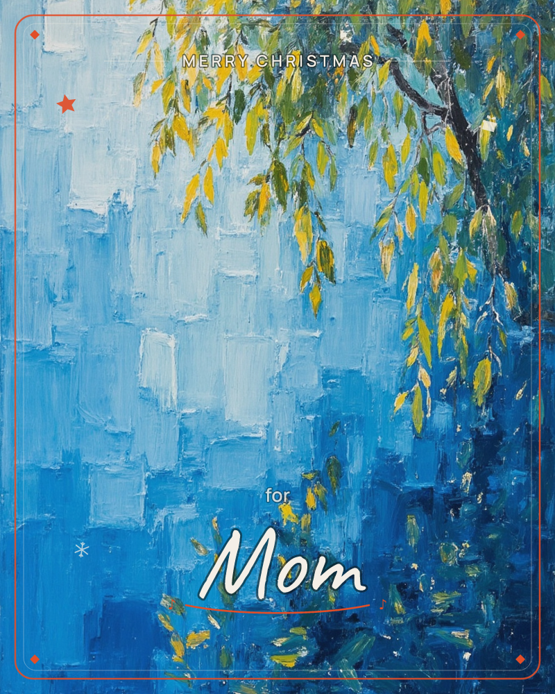A birch branch dangles yellow-green leaves over a rippling expanse of blue, painted in thick, square-edged brushstrokes that read like light breaking…, a christmas e-card design