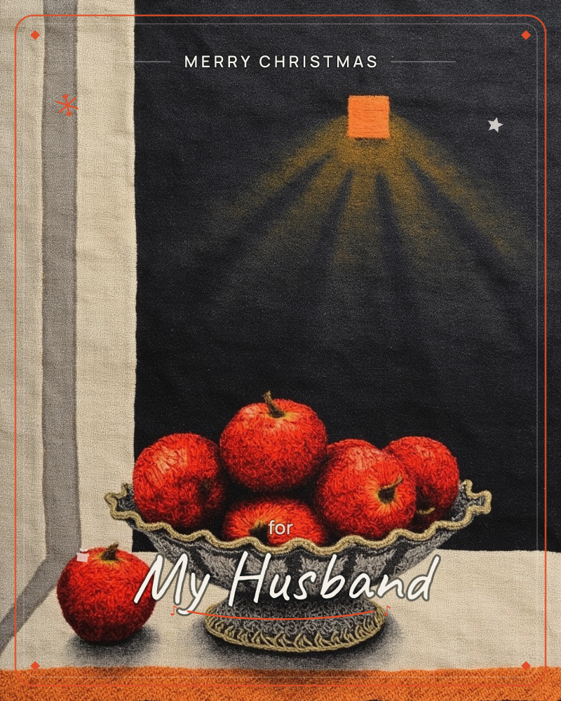 A scalloped stone bowl heaped with glossy red apples sits on a pale linen tablecloth, with one apple set apart beside it, a christmas e-card design