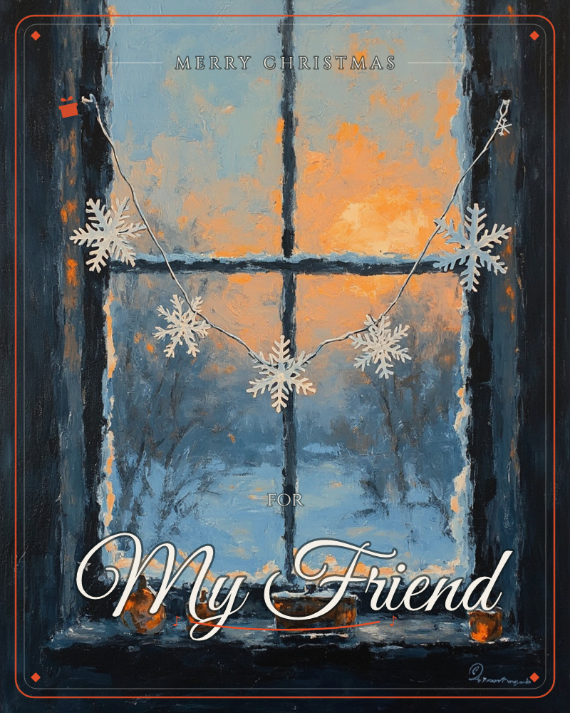 A dark-paned window frames a winter dusk sky glowing amber through streaks of blue, with bare trees and snow visible beyond the glass, a christmas e-card design