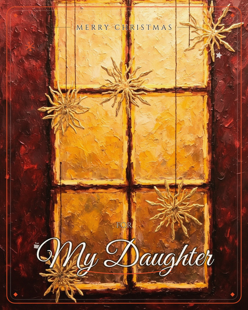 A textured oil painting shows a six-paned window glowing amber and gold, as if lit from within by candlelight or a winter sunset, a christmas e-card design