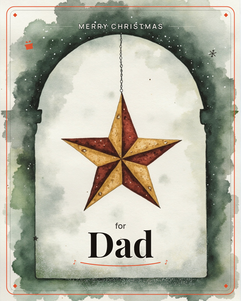 A rustic five-pointed star, its points alternating in weathered mustard and deep rust, hangs from a small chain against a pale arched panel speckled…, a christmas e-card design
