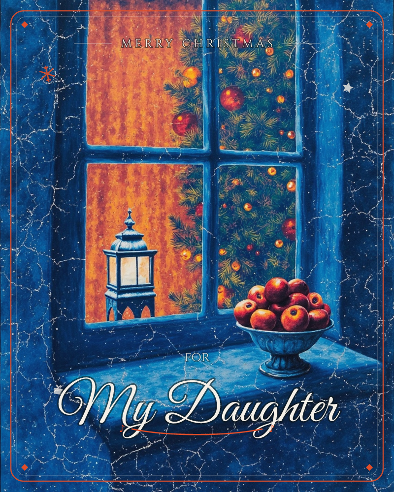 A crackled deep-blue window frame looks out onto a warm amber glow, where a lantern and a fir branch strung with red and gold baubles glimmer against…, a christmas e-card design