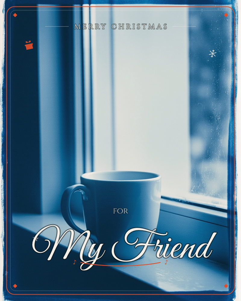 A single mug sits on a windowsill, backlit by soft daylight filtering through a rain-speckled pane, a christmas e-card design
