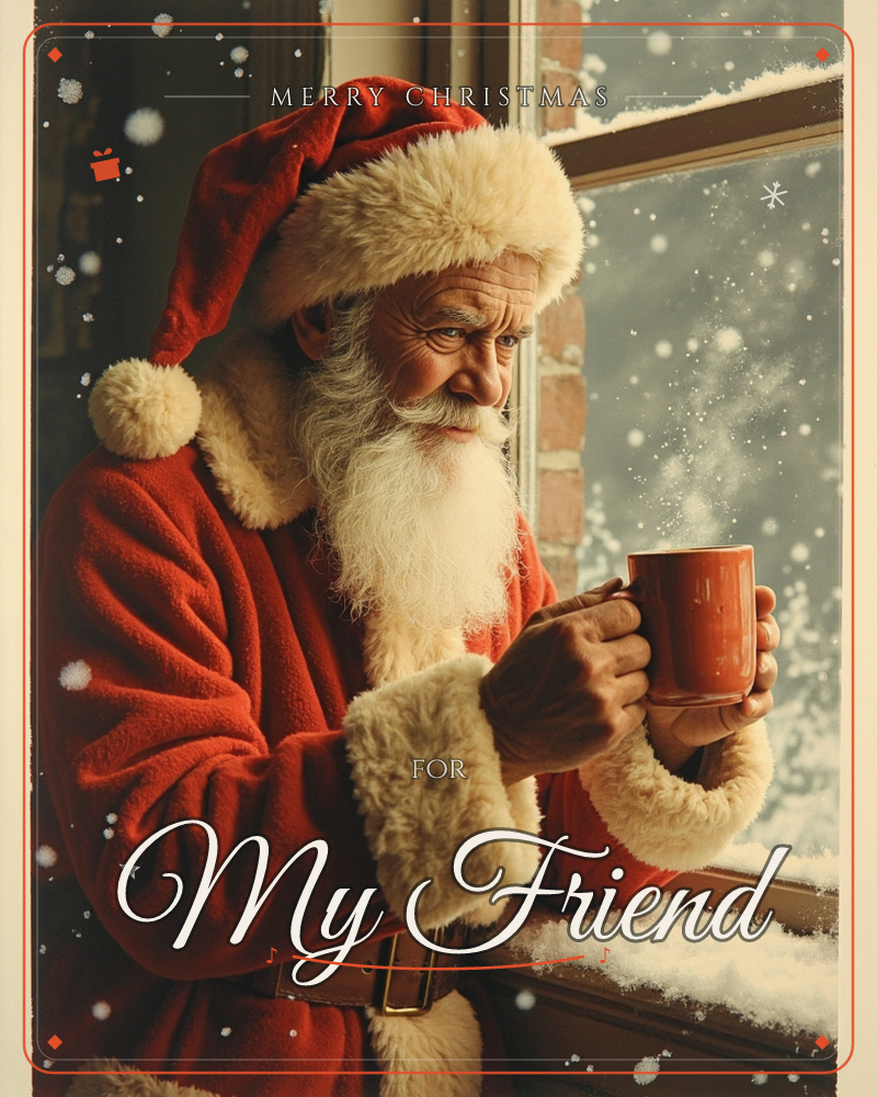 A man dressed as Santa stands at a windowsill, cradling a warm mug in both hands as he gazes out at falling snow, a christmas e-card design