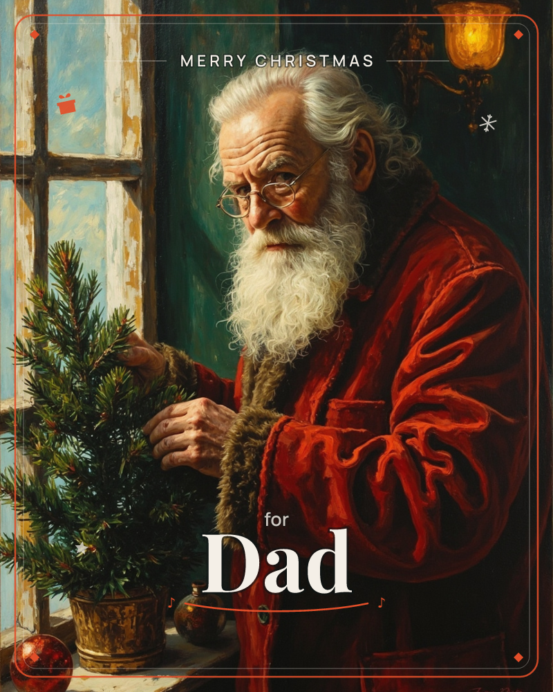 An elderly man with a long white beard and round spectacles stands by a window in a deep red, fur-trimmed velvet coat, tending a small potted fir tree…, a christmas e-card design