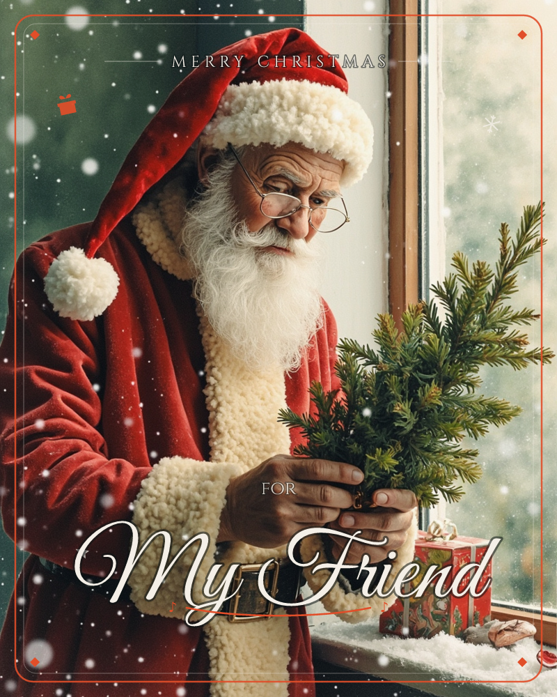 Santa Claus, in his red velvet coat and fur-trimmed hat, stands by a snowy windowsill gently tending a small potted fir sprig, a christmas e-card design