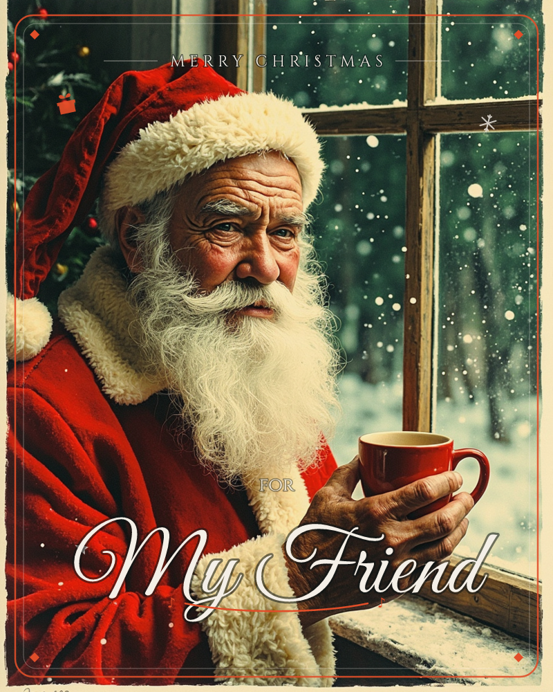 A weathered older man in a red Santa coat and fur-trimmed cap sits by a paned window, cradling a red mug in his weathered hands, a christmas e-card design