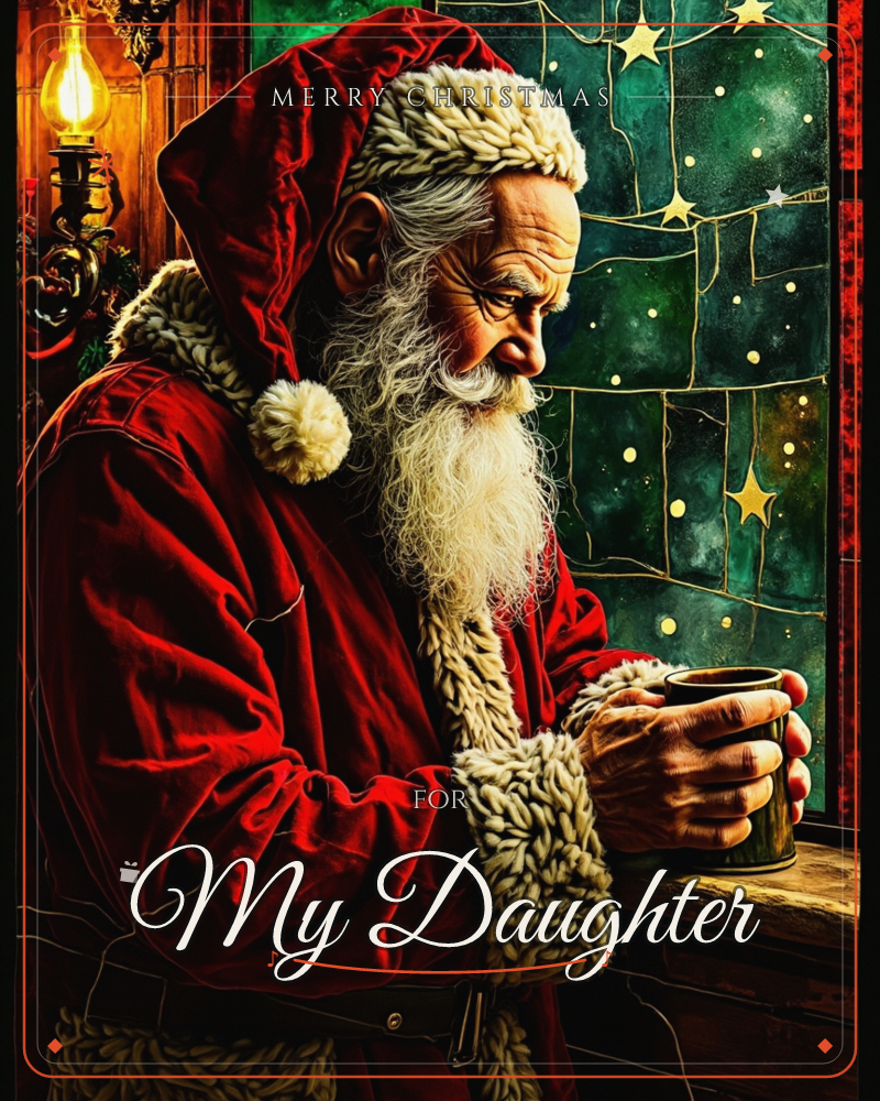 A weathered Santa in a fur-trimmed red coat stands by a frosted window, cradling a warm mug in both hands as he gazes out at a starry green night sky, a christmas e-card design