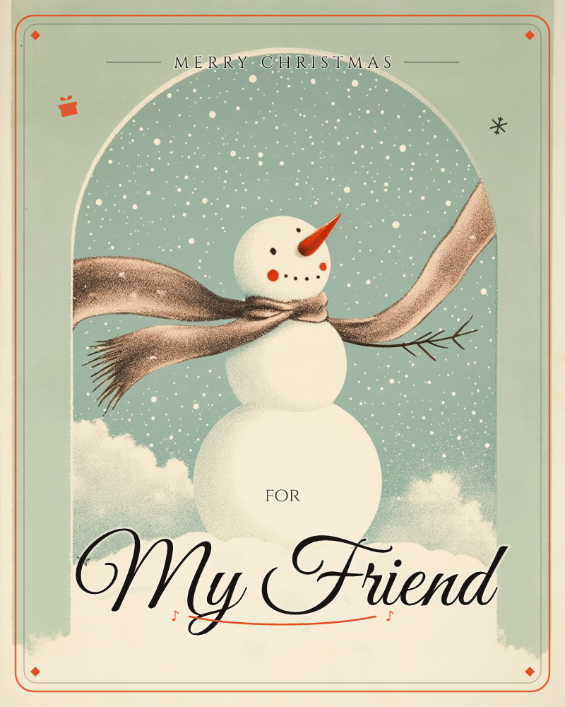 A round-bellied snowman stands inside an arched frame, a long striped scarf blowing sideways in the wind, a christmas e-card design