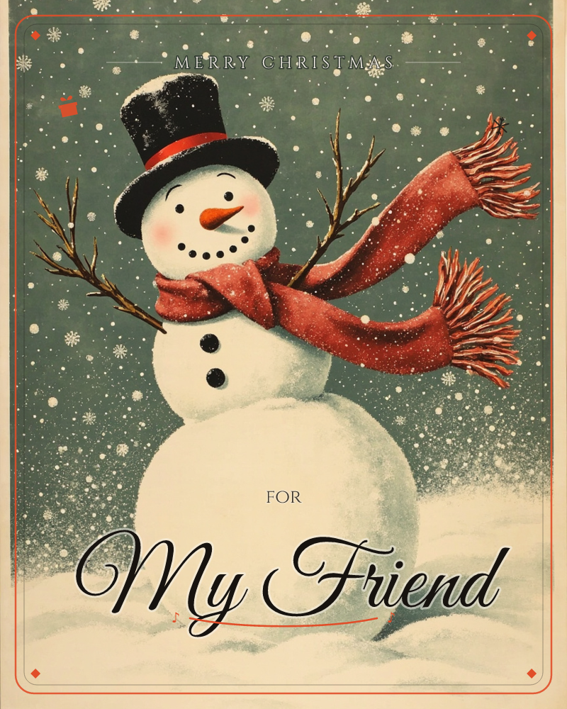 A cheerful snowman stands against a deep teal-green sky thick with falling snowflakes, wearing a black top hat with a red band and a long red fringed…, a christmas e-card design