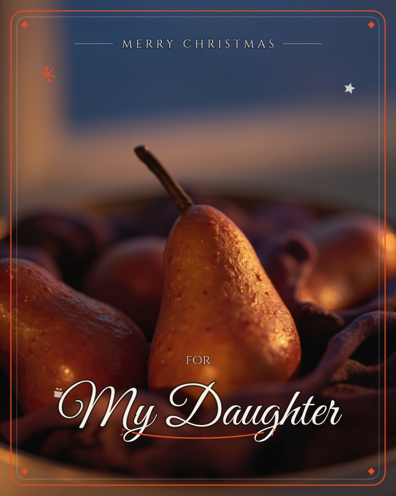 A close-up photograph of pears nestled in a rumpled dark cloth inside a bowl, lit by warm golden evening light against a soft blue windowlit background, a christmas e-card design