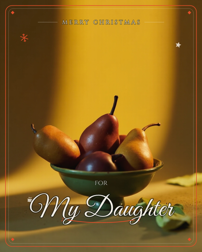 A green pedestal bowl holds a small cluster of pears in deep red and golden-orange, caught in a shaft of warm light against a mustard-yellow wall, a christmas e-card design
