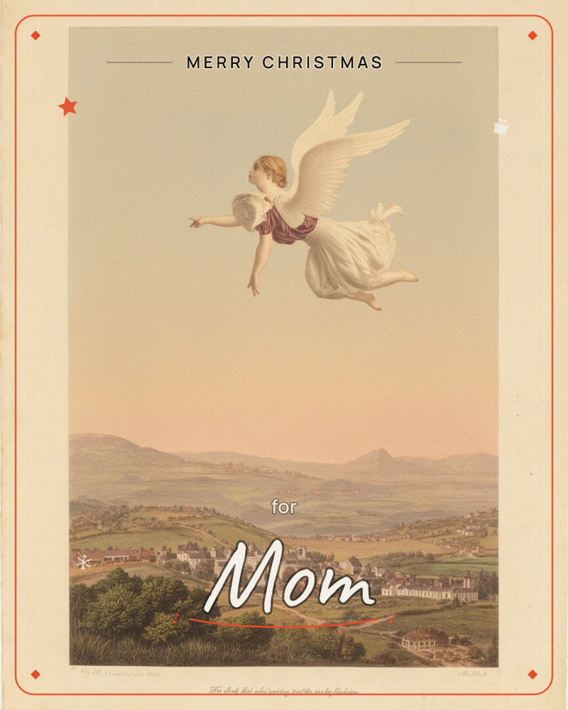 A winged figure in a flowing white dress and burgundy sash soars barefoot above a soft, rolling countryside, one arm outstretched as if reaching toward…, a christmas e-card design