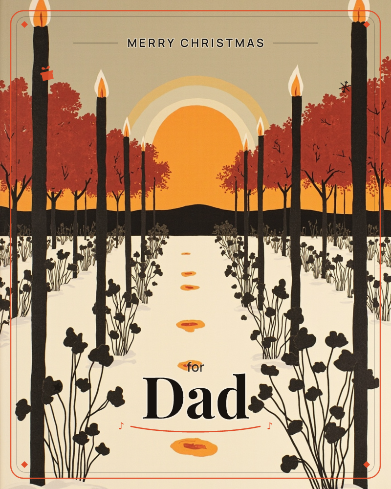 A row of tall black candles lines a pale path leading toward a glowing orange sunset, with rust-red trees standing like a stylised autumn forest on…, a christmas e-card design