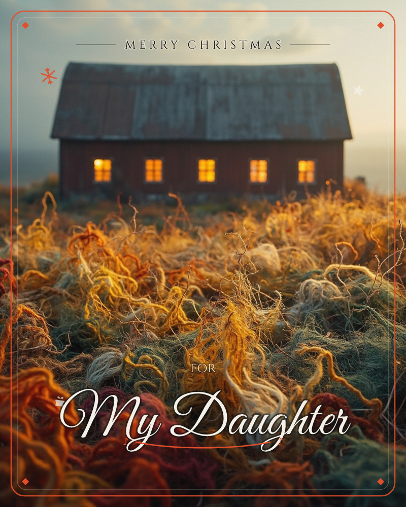 A weathered red barn glows with five lit windows against a soft dusk sky, its tin roof catching the last light, a christmas e-card design