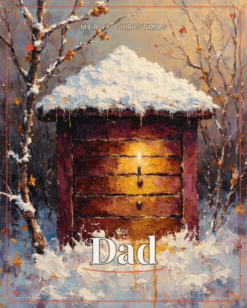 A snow-capped wooden beehive glows warmly from within, its stacked drawers lit by an unseen candlelight that spills onto the drifted snow below, a christmas e-card design