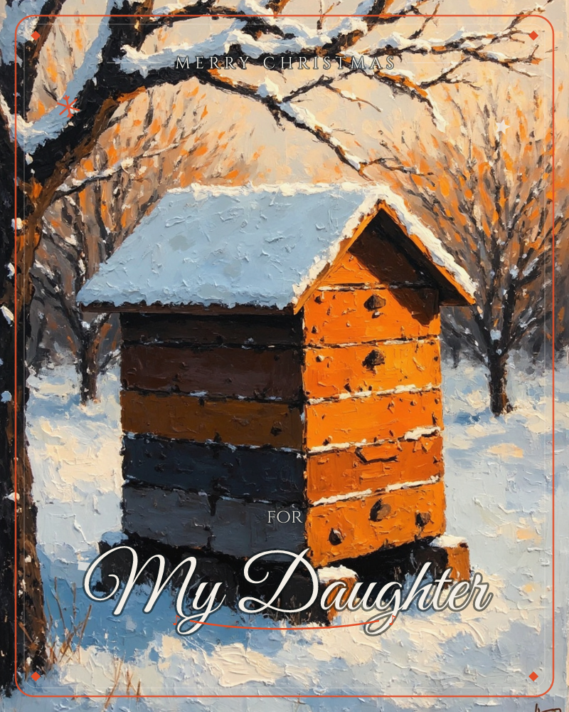 A wooden beehive with a snow-capped roof stands in a winter orchard, its painted bands of orange, brown and grey catching the low sun, a christmas e-card design