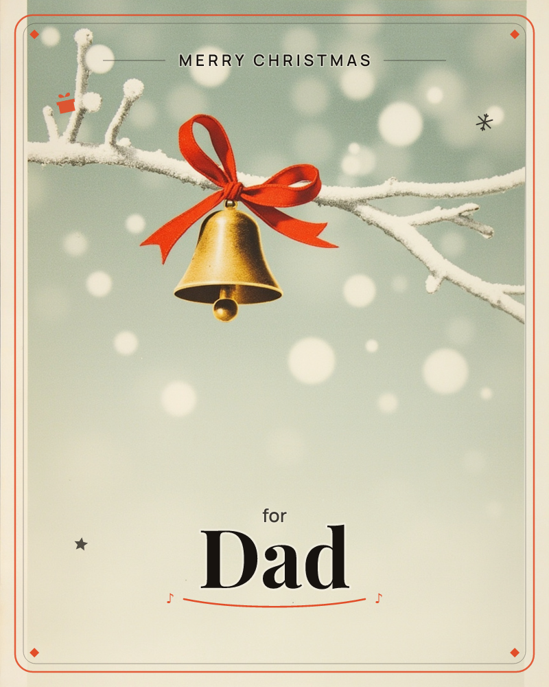 A brass bell tied with a bright red bow hangs from a frost-covered branch against a soft teal winter sky, with blurred snowflakes drifting through the air, a christmas e-card design
