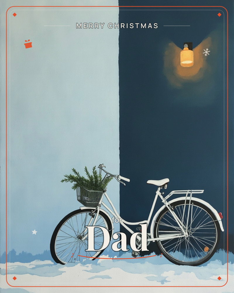 A white bicycle with a wire basket full of pine branches leans against a wall split between pale ice-blue and deep navy, a warm lantern glowing above it, a christmas e-card design