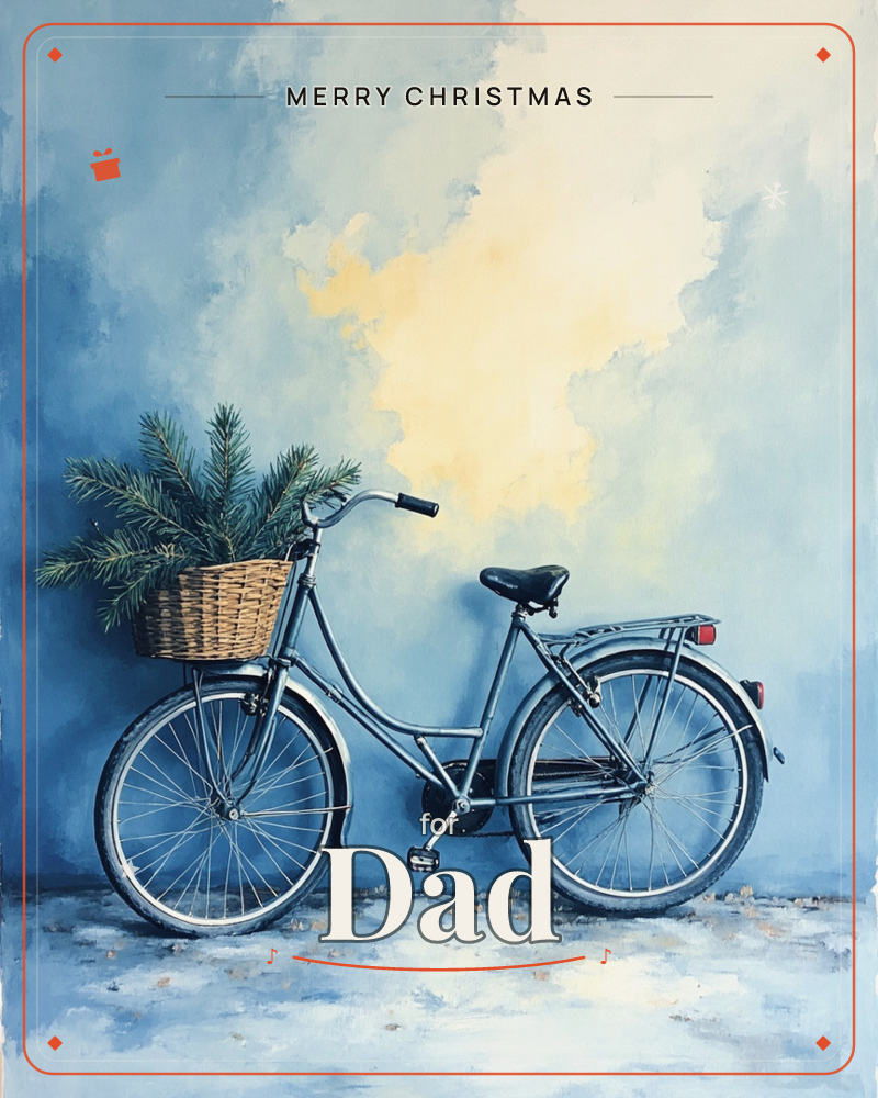 A vintage bicycle with a woven basket full of pine branches stands against a cloudy, painterly backdrop of blues with a warm golden glow breaking through, a christmas e-card design