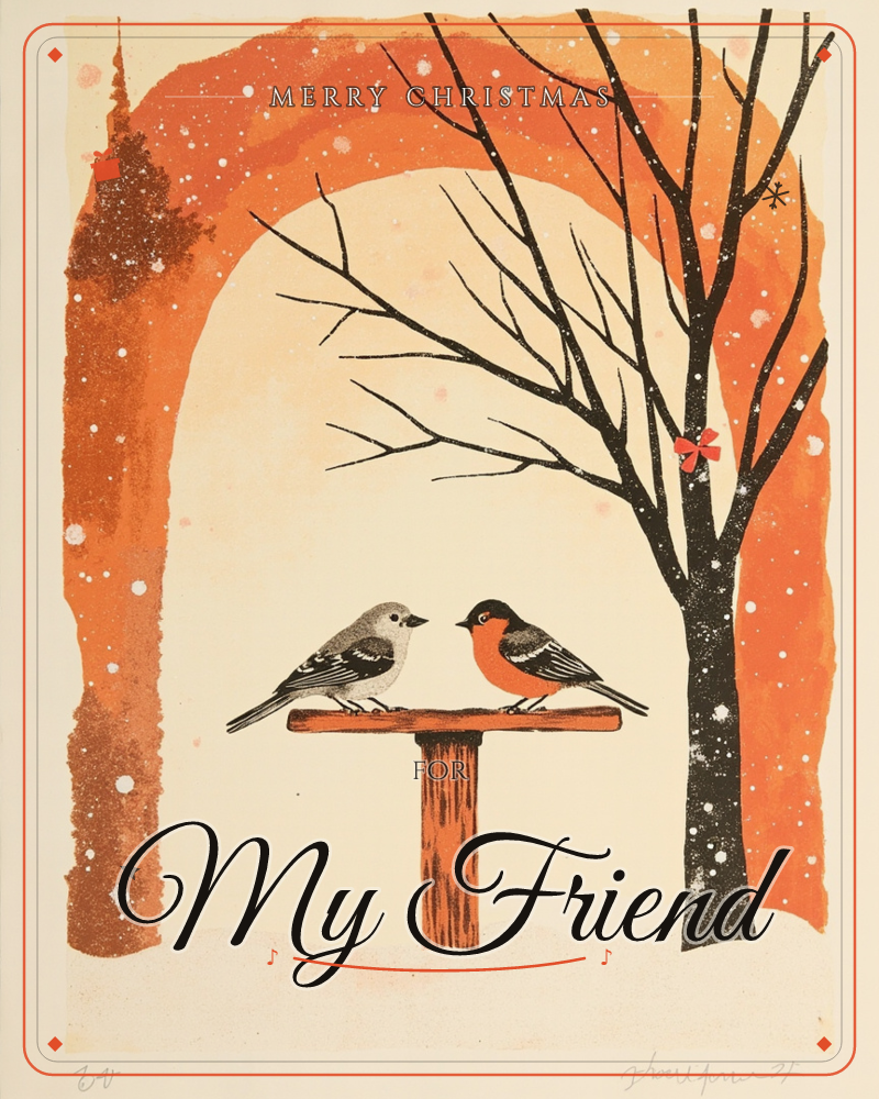 Two small birds, one grey and one with a rust-orange breast, perch face to face on a wooden post beneath a bare black tree strung with a tiny red bow, a christmas e-card design