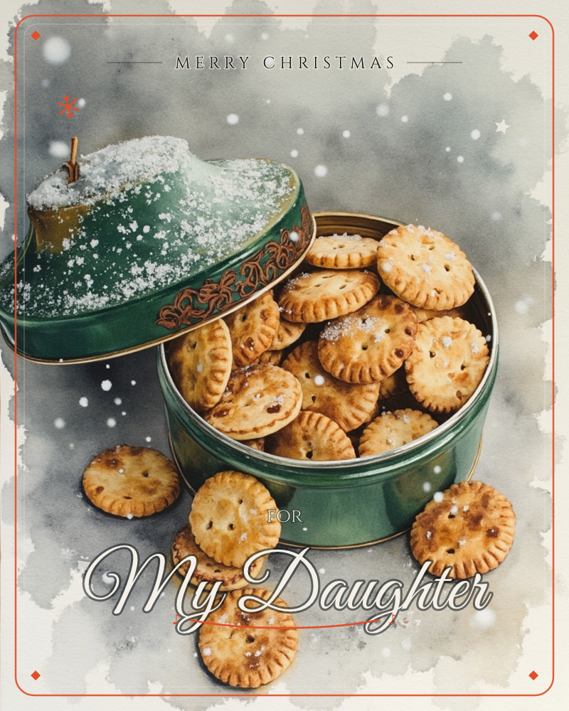 A green tin, its lid propped open and dusted with snow, sits packed full of golden mince pies, a christmas e-card design