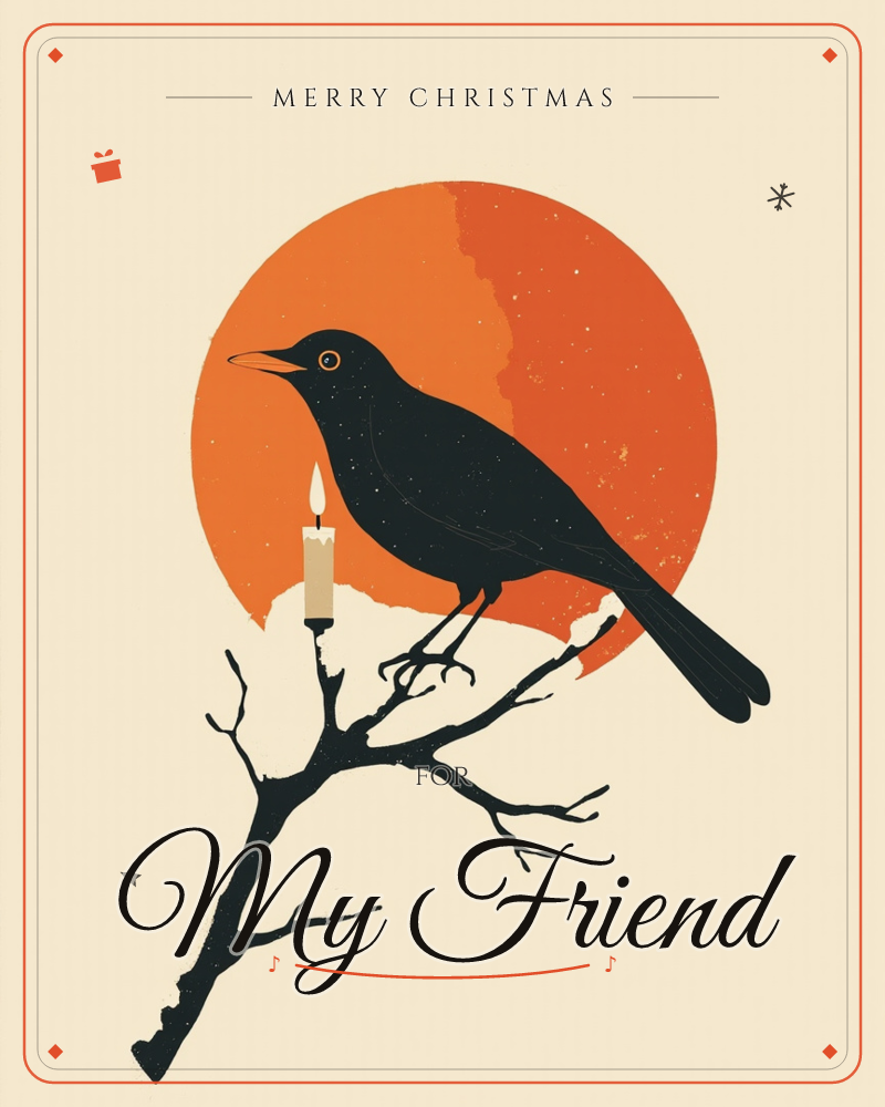 A silhouetted blackbird perches on a bare, twiggy branch against a bold orange sun or moon disc on a cream background, a christmas e-card design