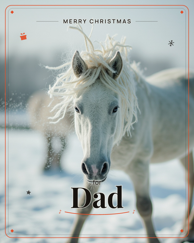 A white horse with a wild, tousled mane stands facing the camera on a snow-covered field, its shaggy forelock blown upward as if caught mid-shake, a christmas e-card design