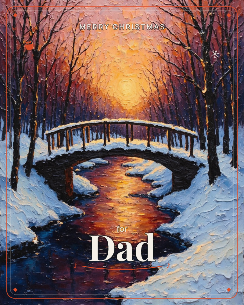 A snow-covered wooden footbridge arches over a dark stream in a winter forest, glowing where a fiery sunset breaks through the bare trees, a christmas e-card design