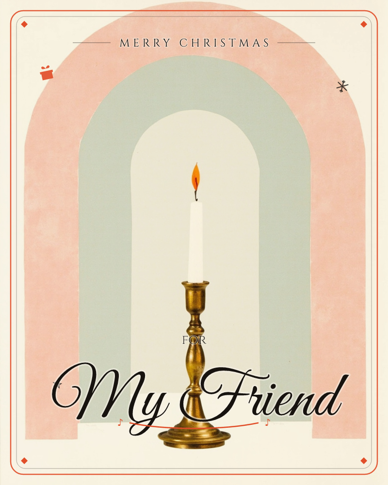 A single lit white candle stands in an ornate brass candlestick, glowing softly at the centre of two nested arches in dusty pink and sage green against…, a christmas e-card design
