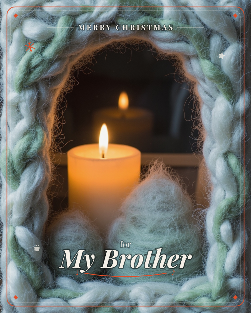 A lit candle glows in a dark window nook, its flame reflected softly behind it, flanked by two small felted wool trees, a christmas e-card design